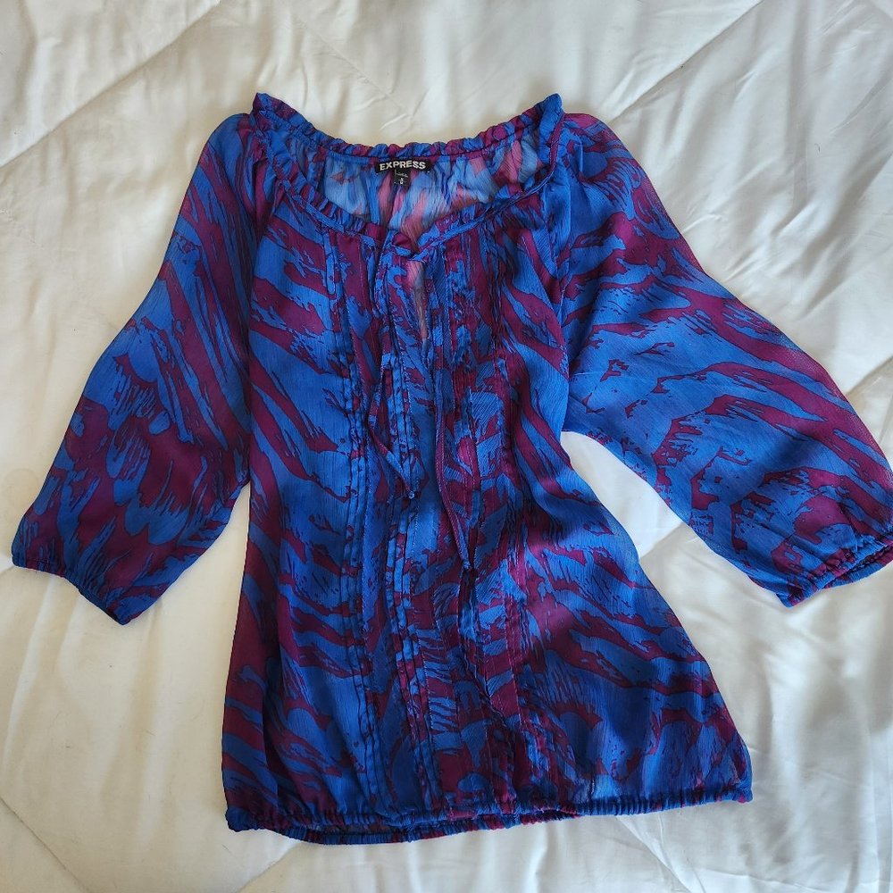 Express Blue and Purple Print Sheer Blouse, Size Medium